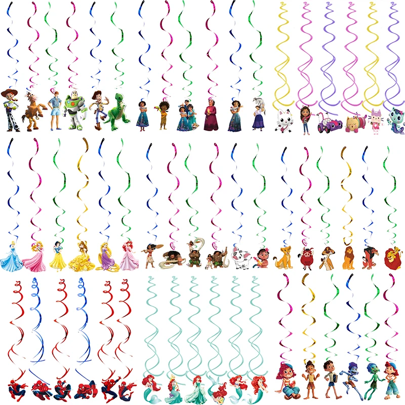 Disney-guirnaldas de remolinos de techo en espiral para fiesta de cumpleaños, 6 piezas, Spiderman, Princesa, Encanto, Mickey Mouse, Stitch, Frozen