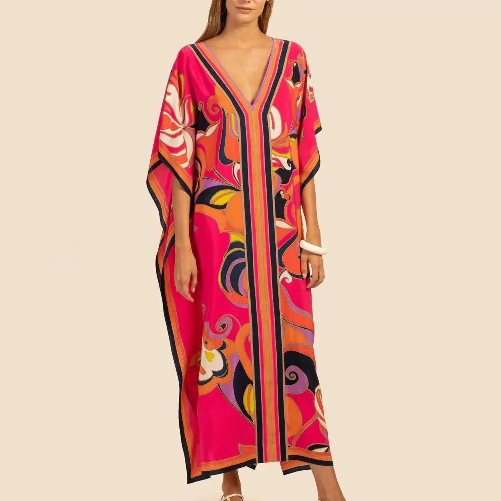 

V-neck Kaftan Dress Batwing Sleeve Loose Fit Ankle Length Robe Cool Bohemia Geometric Print Cover Up Beach Dress Kimono Swimwear
