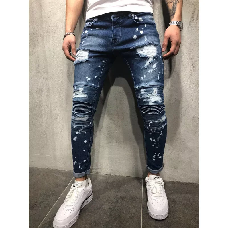 2022New Jeans Stretch Destroyed Ripped Paint point Design Fashion Ankle Zipper Skinny Jeans For Men