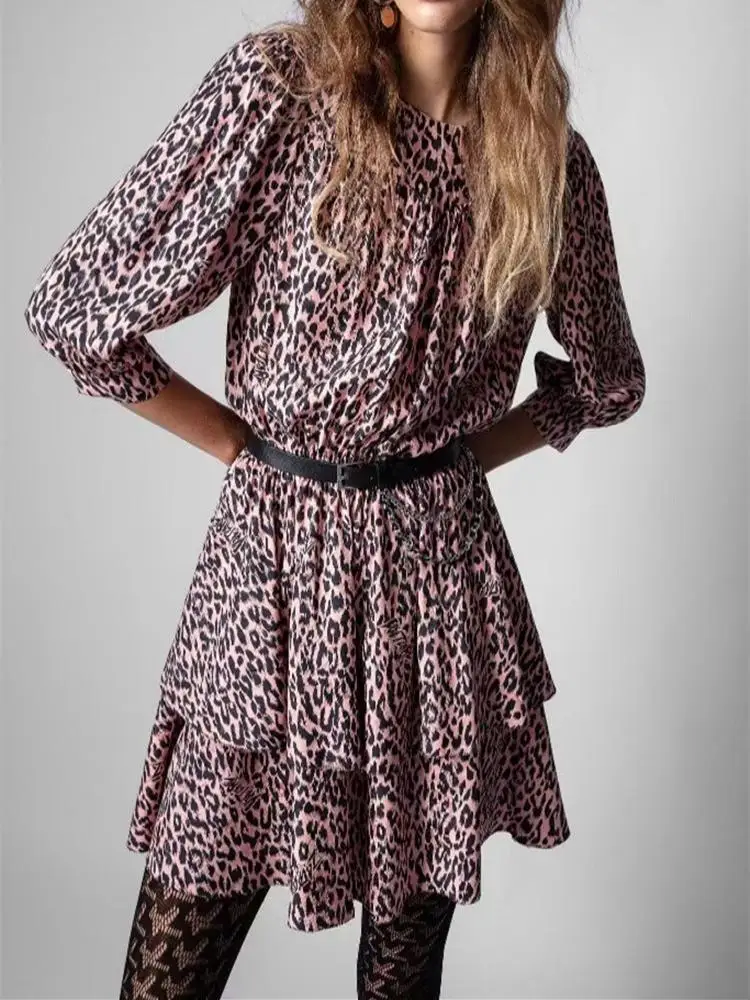 

Женское мини-платье с леопардовым принтом, розовое Повседневное платье с V-образным вырезом и рукавом три четверти, 100% вискоза, осенние женские халаты с оборками, 2023