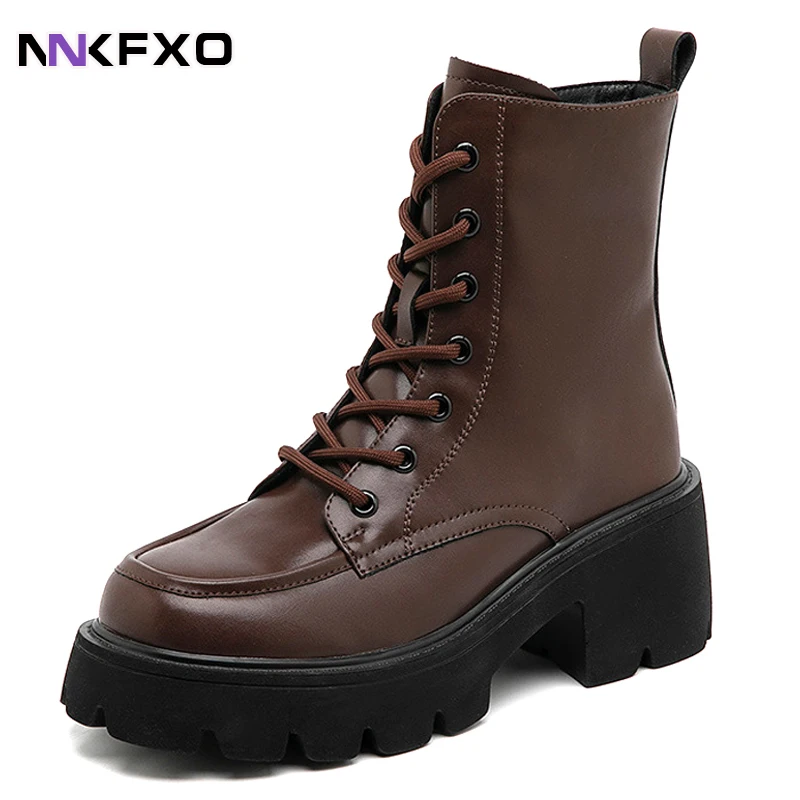 

Chunky Platform Ankle Boots for Women 2022 Autumn Thick Bottom Lace Up Shoes Woman Retro Black Genuine Leather Short Boots
