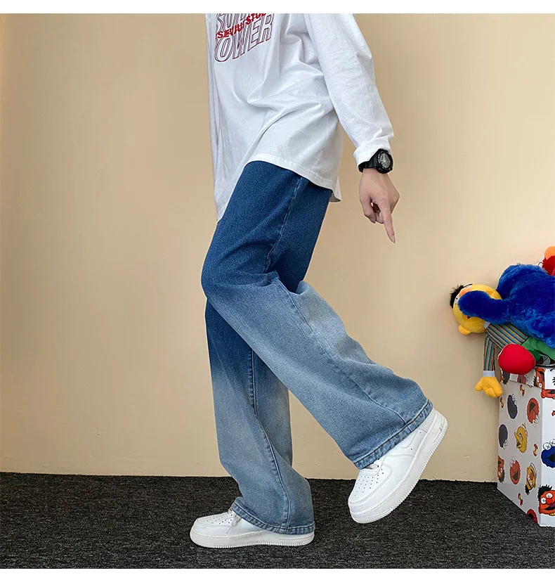 New Men's Jeans Korean Version of The Trend Gradient Blue Loose Straight Denim Trousers Wide-leg Pants Fashion Casual Streetwear