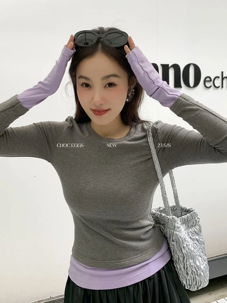 Свитер с длинными рукавами и имитацией двух частей милый женский облегающий