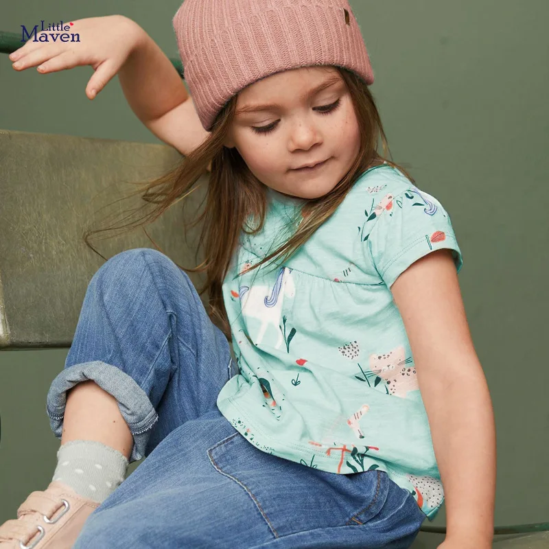 

Детская летняя одежда для маленьких девочек Little Maven футболки с животными брендовые хлопковые мягкие Симпатичные футболки с принтом единоро...
