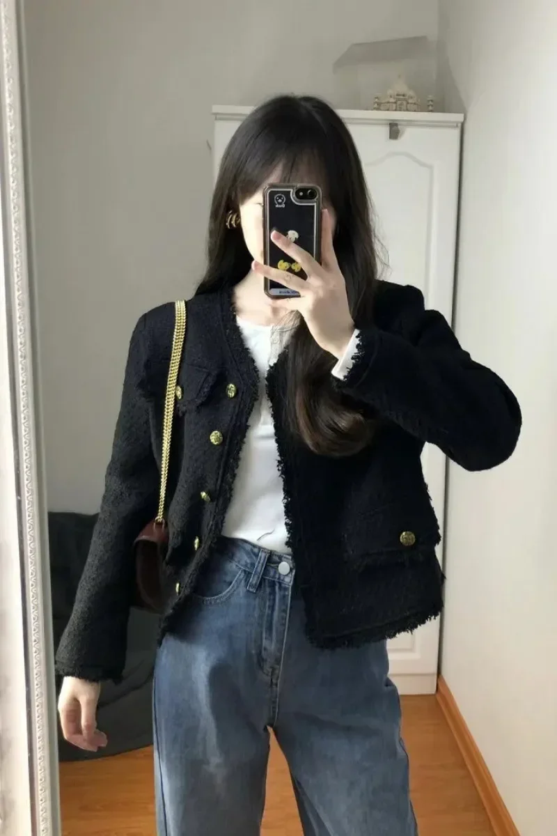 

Женская уникальная короткая твидовая куртка с круглым вырезом, новый стиль весна-осень 2023, женское элегантное нежное пальто в Корейском стиле для знаменитостей