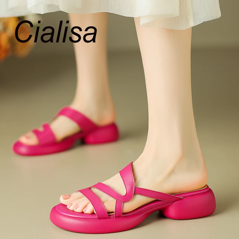 

Тапки Cialisa женские из натуральной кожи, Летние удобные уличные тапочки ручной работы с открытым носком, на среднем каблуке, розово-красные