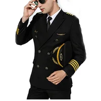 Men's 4 Lines Airline Pilot Suit Jackets Uniforms Hair Stylist Black Navy Blue Suit Coat Workwear Big Size Male