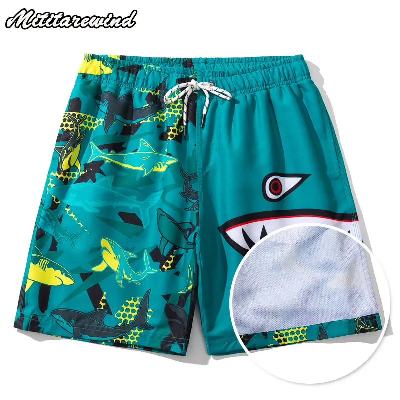 

Men's New Casual Beach Pants Summer Straight Double Layer Cartoon Shark Print Shorts Loose Knee Length Hip Hop Oversize