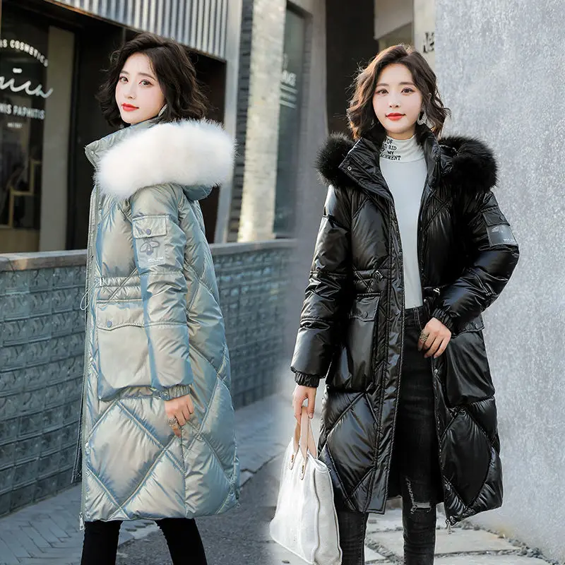 Winter Coat Womens Shiny Hooded Padded Jacket Warmth Parka Jacket Free Shipping Mid Length Top Wholesale Plus Size Loose Leisure