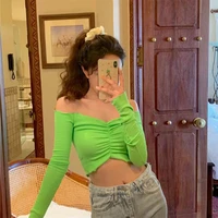 2022 new sexy off shoulder cropped top women y2k green spring summer long sleeved slim purple short t shirt orange kpop clothes