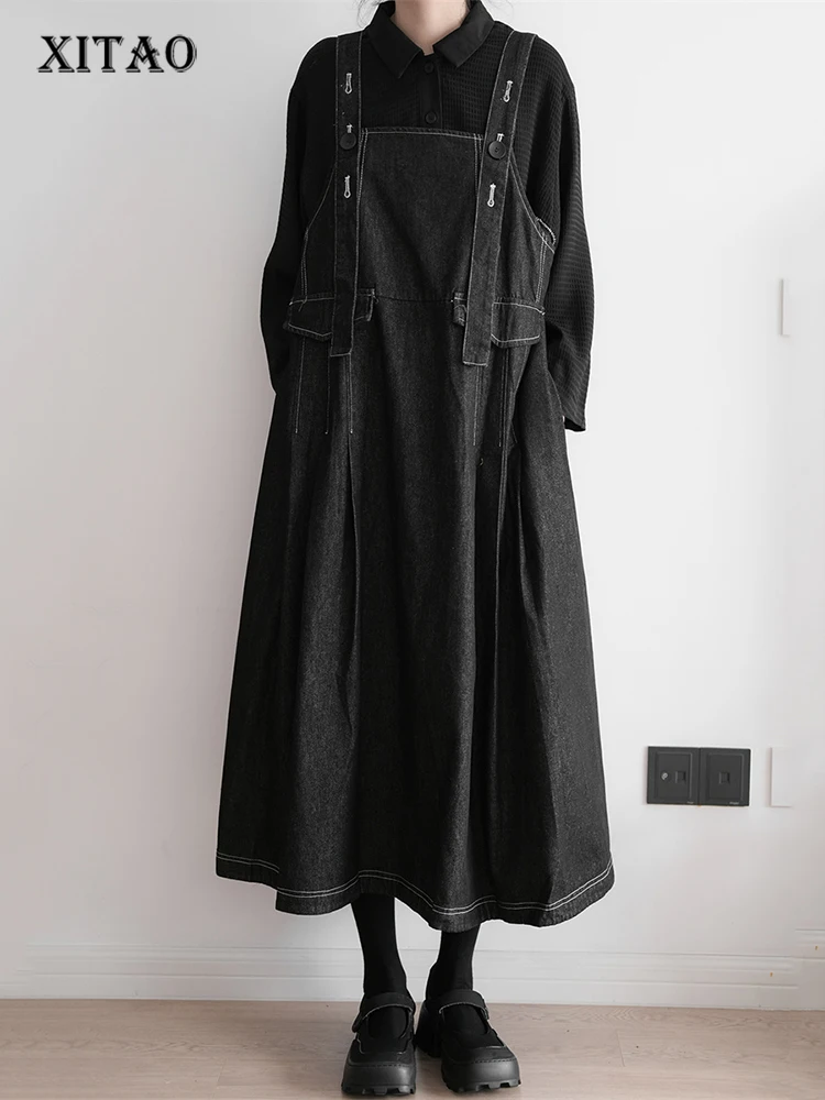 

XITAO Black Denim Strap Dress Loose Fashion Splicing Women Temperament A-line Dress Autumn All-match New Casual Dress ZY8118