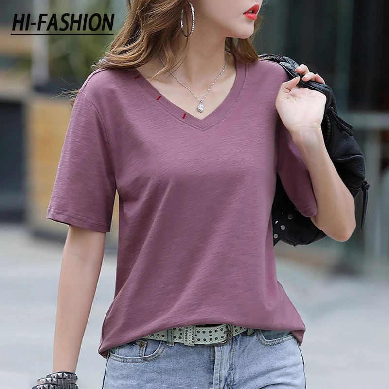 

HI-FASHION Women Sexy V neck T Shirt Korean Short Sleeve Cotton Tshirt Femininant 2022 Summer Spring Casual Female Tees Tops
