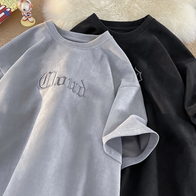 

Футболка в стиле ретро с коротким рукавом и вышивкой из замши, y2k, новинка 2023, повседневные Высококачественные футболки унисекс, мужские топы с круглым вырезом