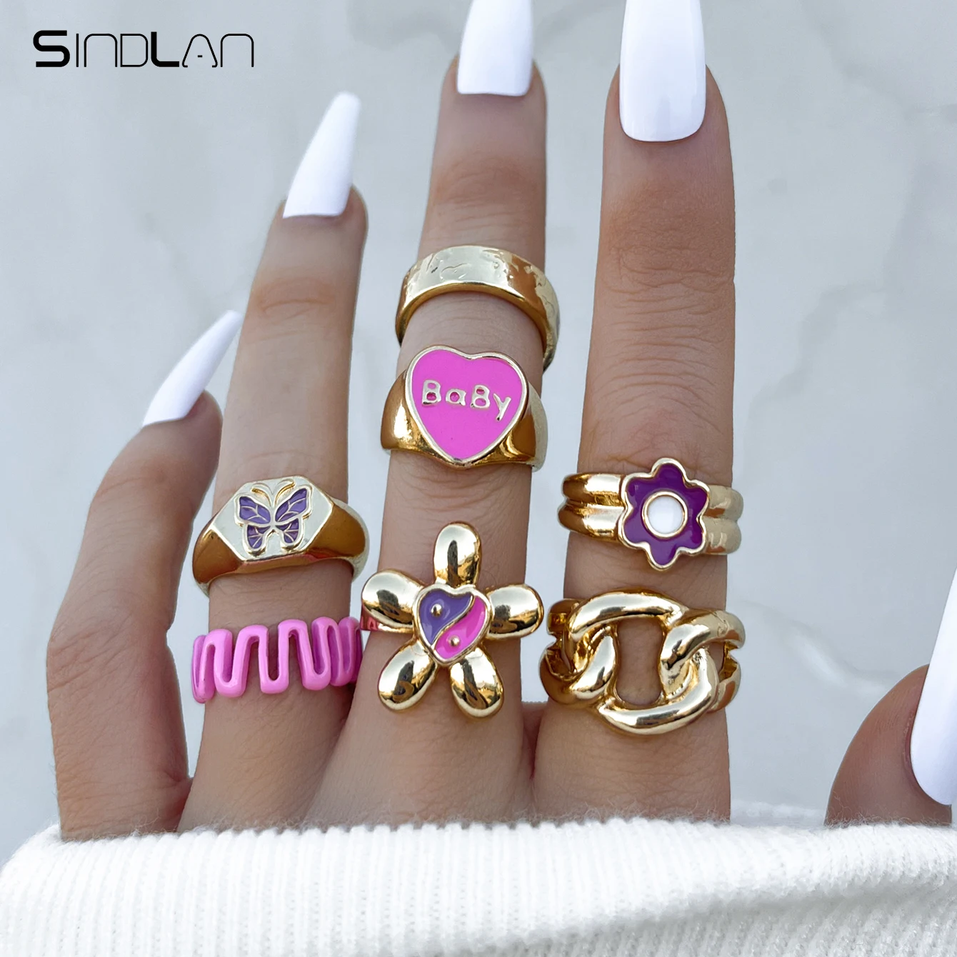 

Sindlan 7Pcs Y2k Aesthetic Butterfly Gold Color Rings for Women Kpop Pink Heart Flower Egirl Cute Fashion Jewelry Anillos Mujer