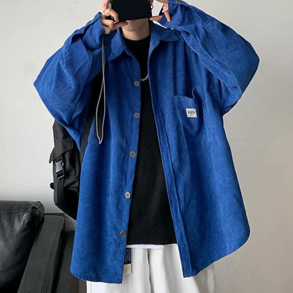 Men Corduroy Shirt Single-breasted Placket Lapel Long Sleeves Solid Color Buttons Loose Single-breasted Spring Shirt for Work