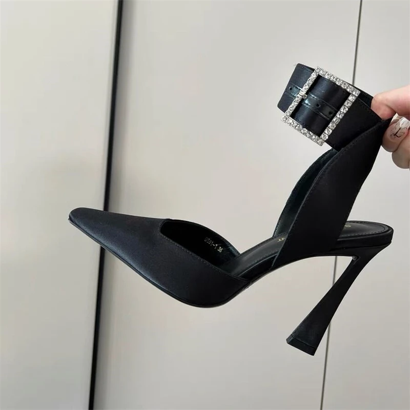 2023 New Style Rhinestone Square Buckle Thin Heel Wrapped Sandals Square Back Hollow Shallow High Heel Single Shoes