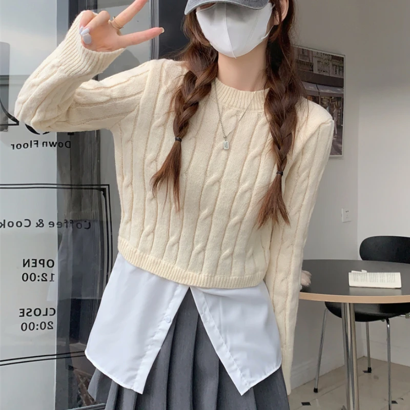

Korean Fashion Fake Two Piece Woman Knit Patchwork Women Blouse O Neck Long Sleeve Button Blouses Female Sweet Top Dropshipping