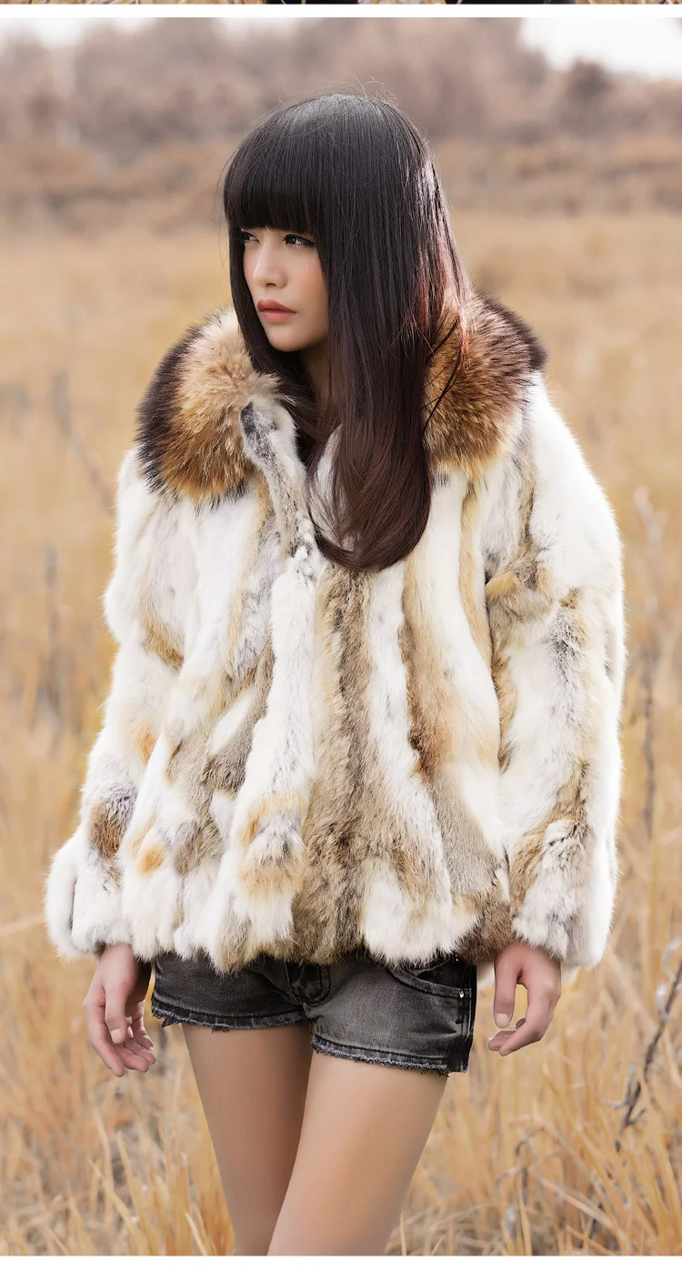 genuine Free shipping Real natural rabbit fur coat with raccoon fur collar women's fashion fur jacket outwear custom any size
