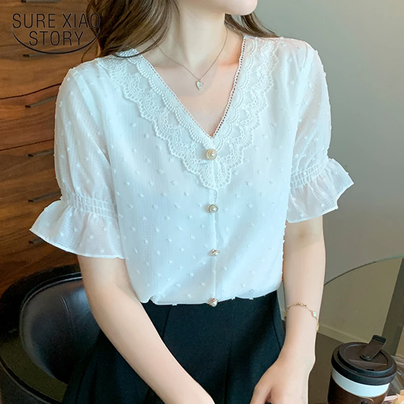 

New Summer Chiffon Tops Women Fashion Women Blouses with Lace Shirt V Collar Office Blouse Short Sleeve Female Clothing 20163
