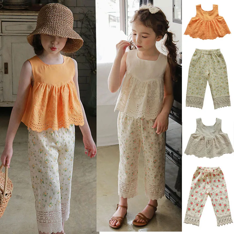

Girls short sleeves 2022 summer cotton white lace camisole cute T-shirt printed lace decorative pants girls two-piece set childr