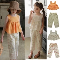 girls short sleeves 2022 summer cotton white lace camisole cute t shirt printed lace decorative pants girls two piece set childr
