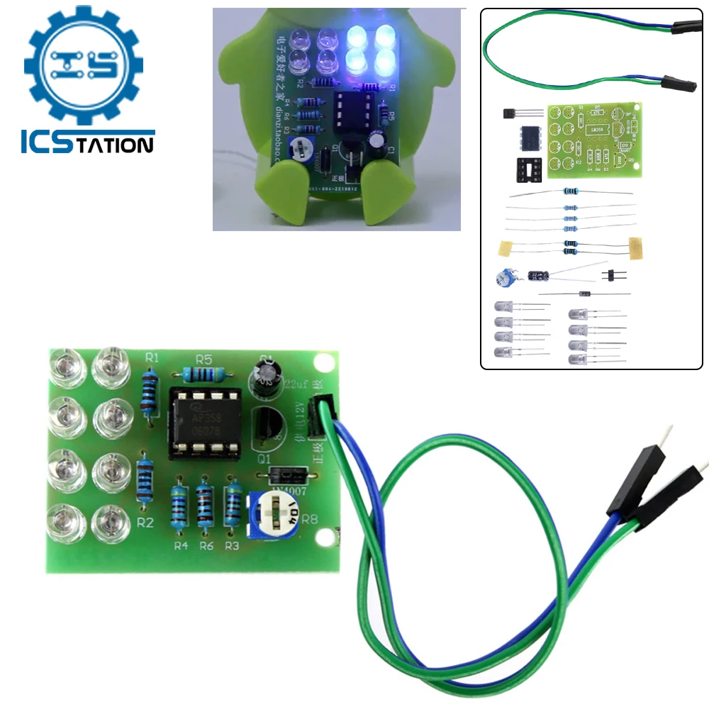 

DIY Electronic LED Kit Breathe Light Lamp Flicker 8 Channel 5MM Blue LED LM358 Component Soldering Project Practice Suite