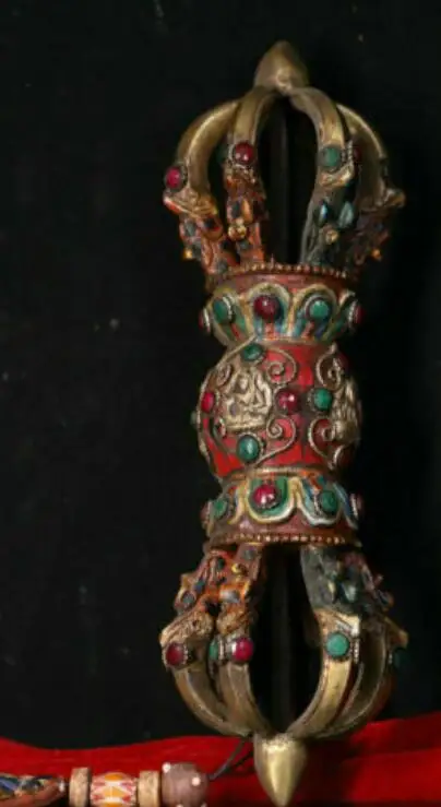 

Tibet Bronze inlay Gems White Tara Buddha Phurba Dagger Holder Faqi Magic weapon
