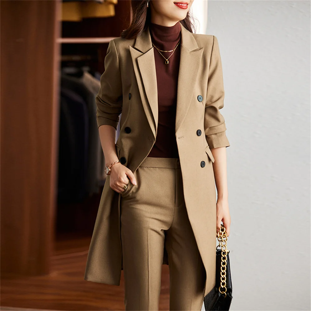 Khaki Women Formal Pant Sets 2023 New in Casual Double Breasted Long Blazer + Trouser Suits Office Ladies Jacket  2 Piece Set