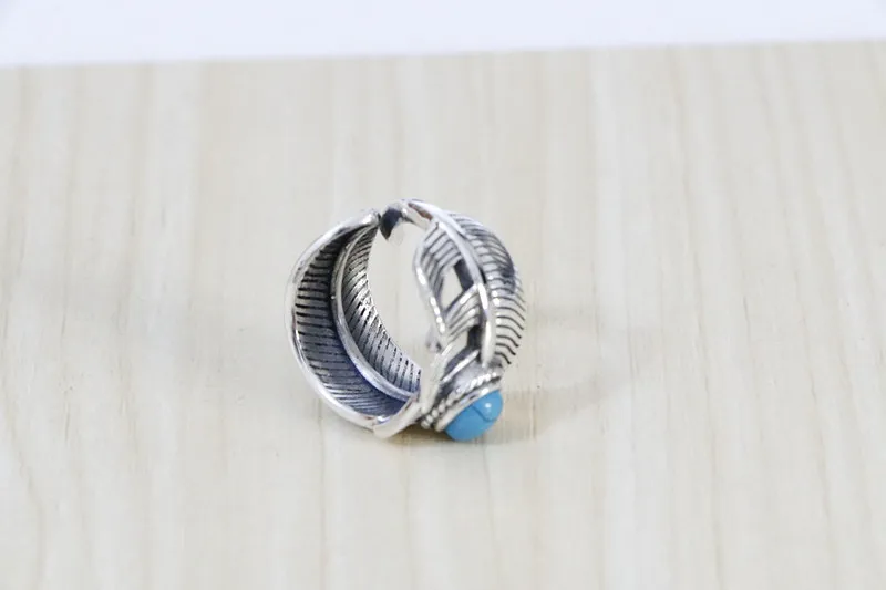 Японский уличный стиль кольцо из стерлингового серебра с бирюзовым пером и живым
