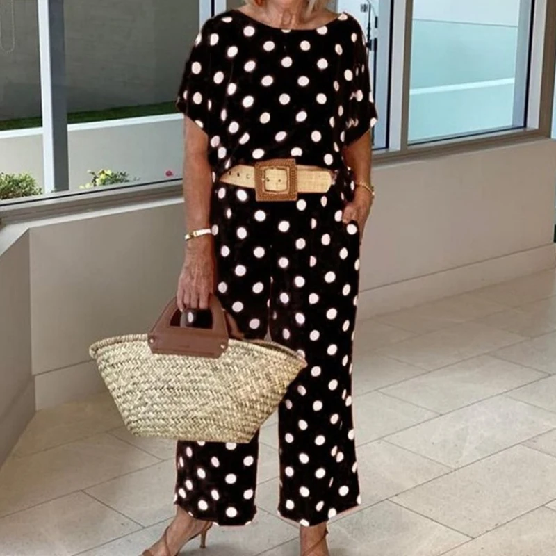 

Женский костюм с принтом в горошек, блузка с круглым вырезом и брюки с широкими штанинами, винтажные комплекты с коротким рукавом для весны ...