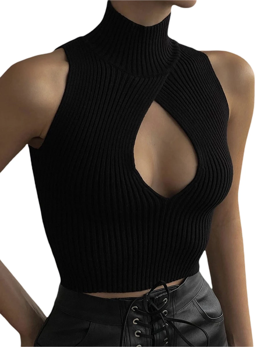 

Women Y2k Ribbed Knit Sleeveless Crop Top with Mock Neck and Cutout Detail - Slim Fit Solid Sexy Tank for Going Out