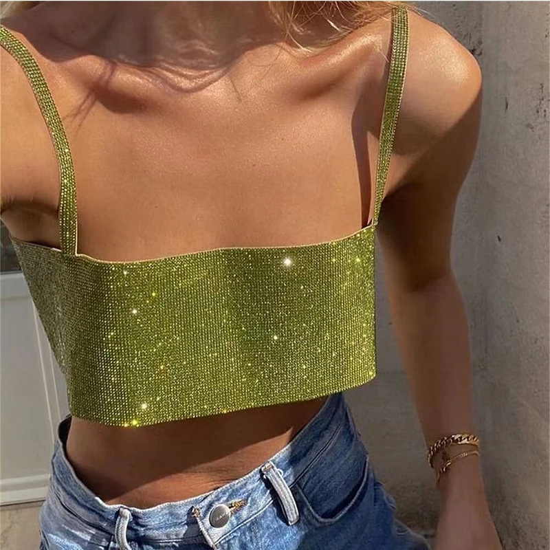 Glitter Full Rhinestone Polyester Women Crop Tops Fashion Solid Off Shoulder Backless Sexy Spaghetti Strap Woman Party Camis