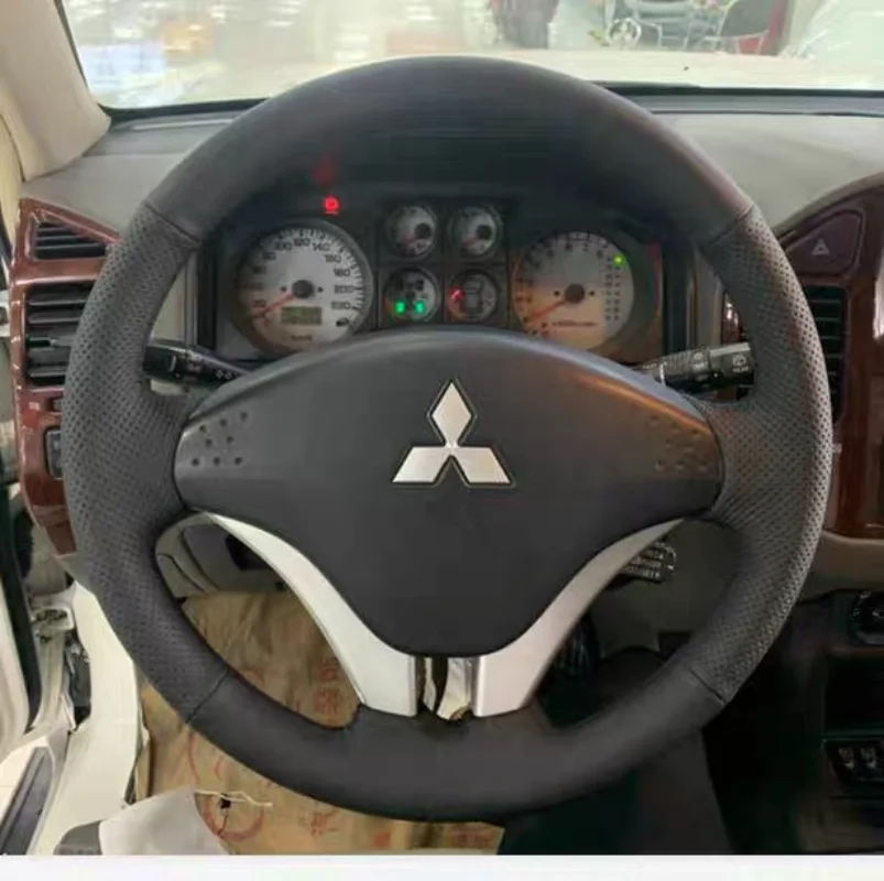 

DIY Hand Sewn Black Leather Car Steering Wheel Cover for Mitsubishi Pajero V73 V77 V97 2011 Special Car Handle Cover