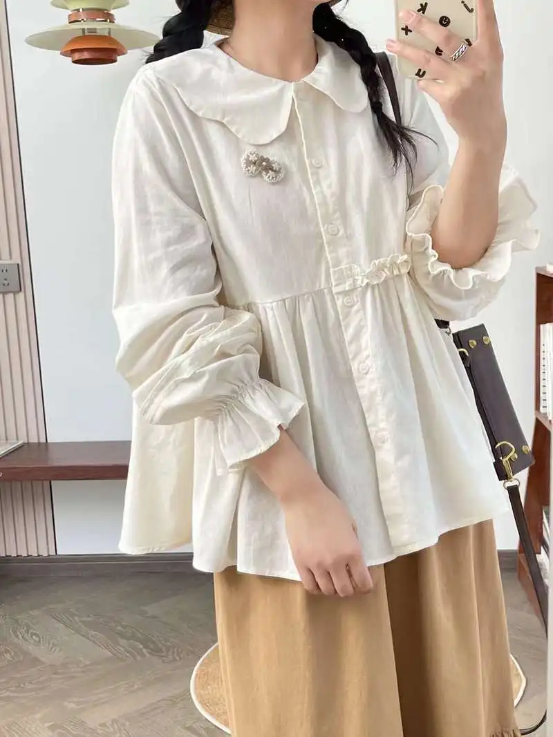 Одежда Mori kei японские однотонные рубашки и блузки с длинными рукавами-фонариками