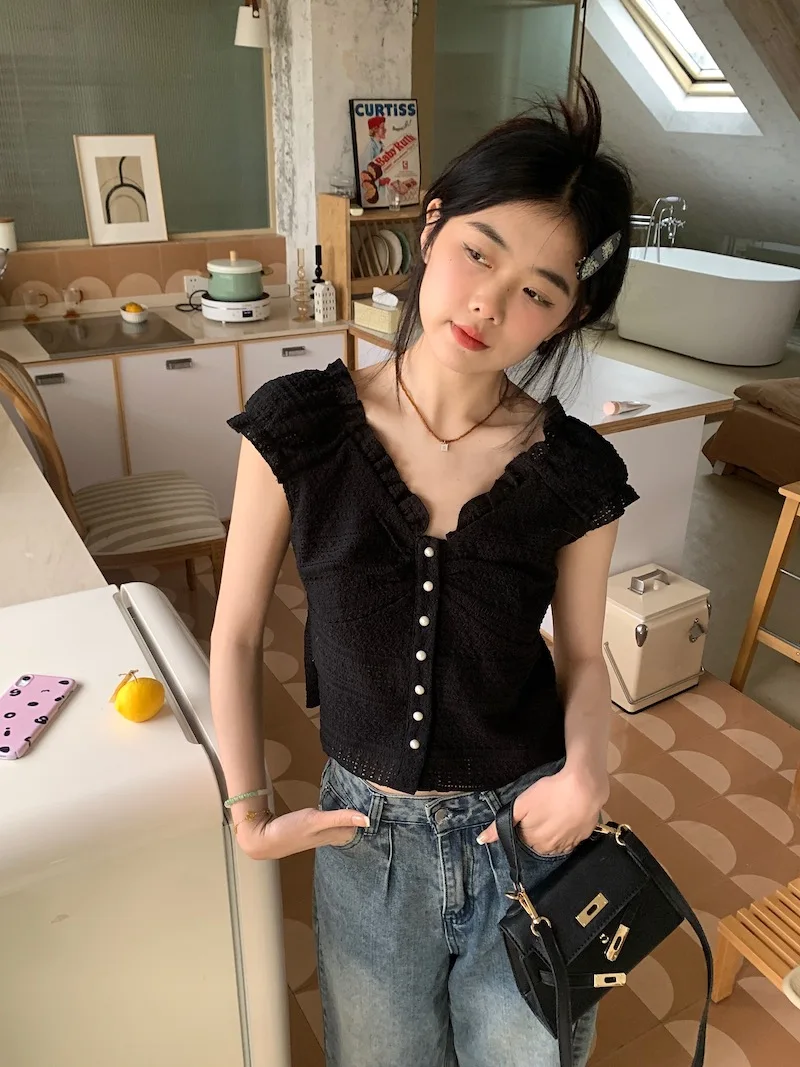 Французские винтажные кружевные рубашки Korobov приталенные блузки с летящим