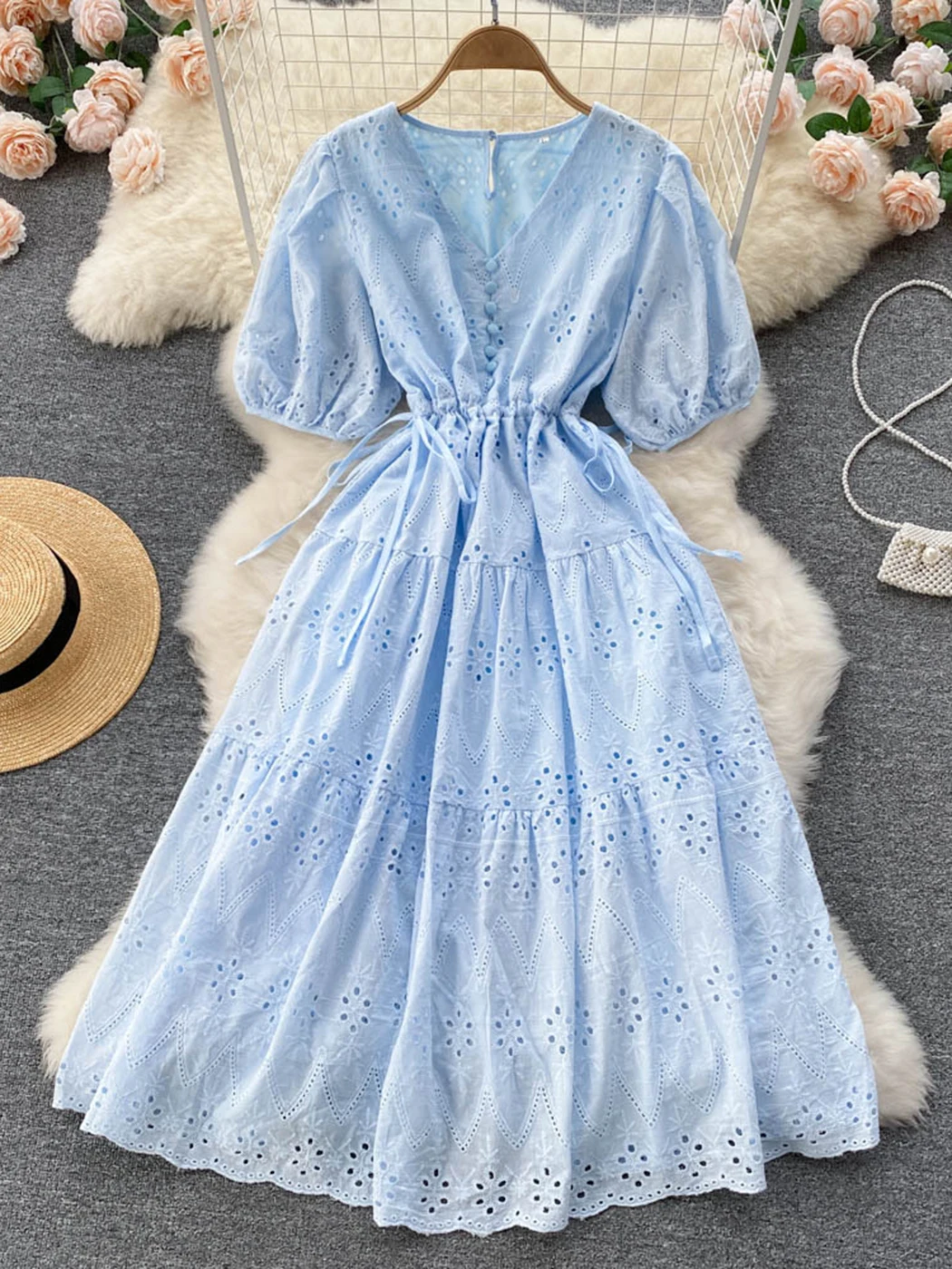 

Jastie/элегантное хлопковое платье средней длины; Женское летнее однотонное платье на пуговицах с v-образным вырезом и пышными рукавами и обор...