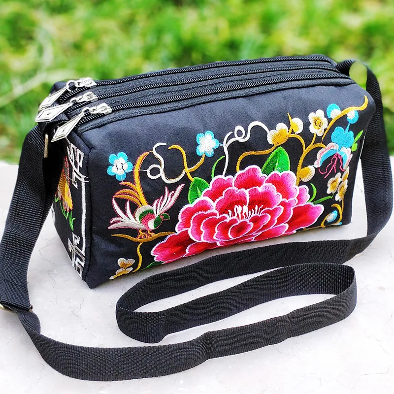 

2023 New Ethnic Style Embroidery Bag Three Zipper Double Sided Women Shoulder Crossbody Bag Bohemian style