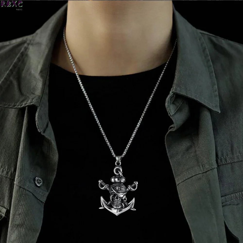 

Rbxc New Double Sword Pirate Titanium Steel Men's Necklace Halloween Skull Anchor Stainless Steel Necklace