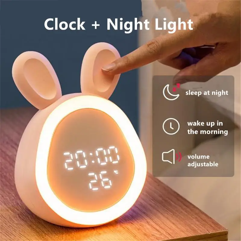 Rabbit Digital Kid Alarm Clock Light Pink Led With Night Clo