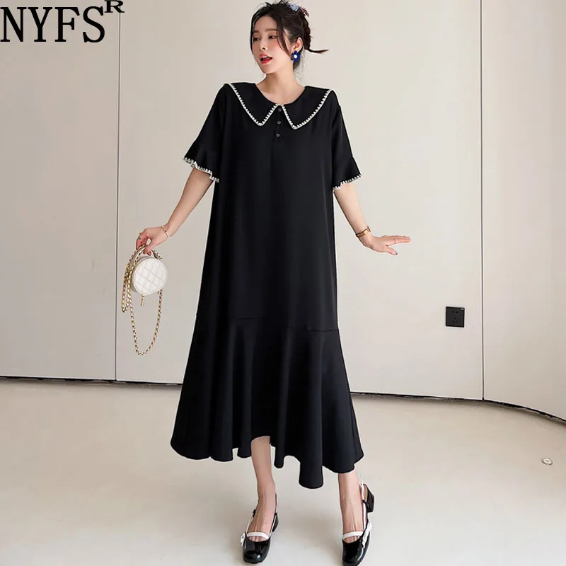 

NYFS 2023 Summer Korea New Woman Dress Vestidos Robe Elbise Plus Size Polyester Solid Short Sleeve Long Dress