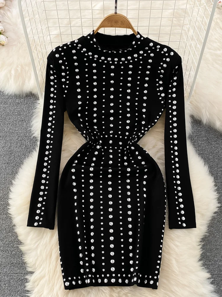 

Autumn Winter Women Black Rivet Bodycon Dress Vintage Stand Collar Long Sleeve Slim Retro Mini Vestidos Female Sheath Robe New