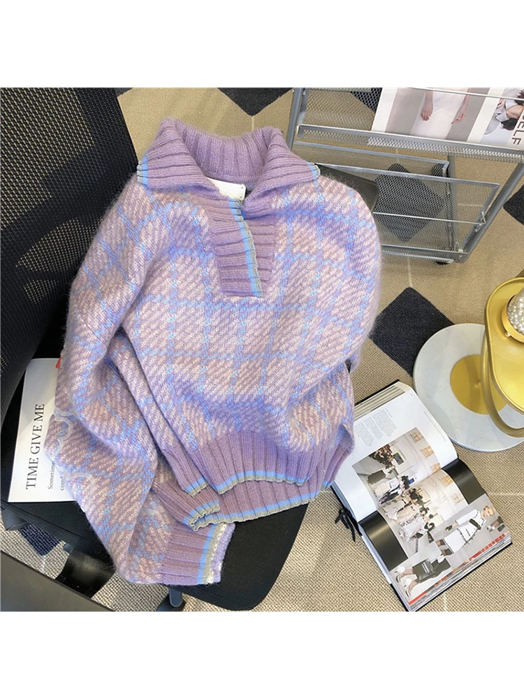 Autumn Winter Women New Lapel Vintage Plaid Knitwear Jumper Irregular Clipping Long Sleeve Sweet Female Knitted Pullover Sweater