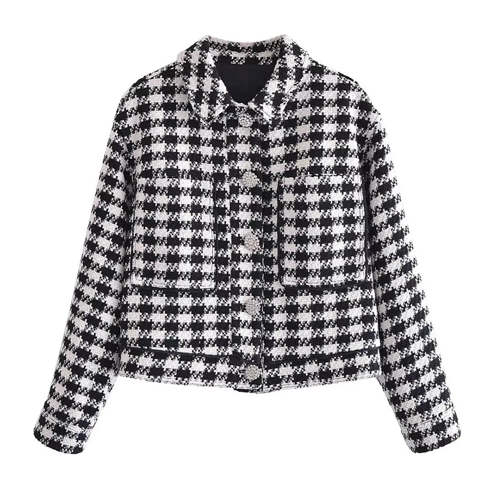 

Женская короткая клетчатая куртка на пуговицах, с длинным рукавом