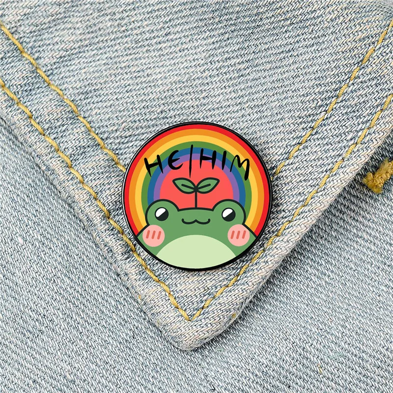 

HE HIM Pronoun pride frog Pin Custom Funny vintage Brooches Shirt Lapel teacher Bag Badge Cartoon pins for Lover Girl Friends