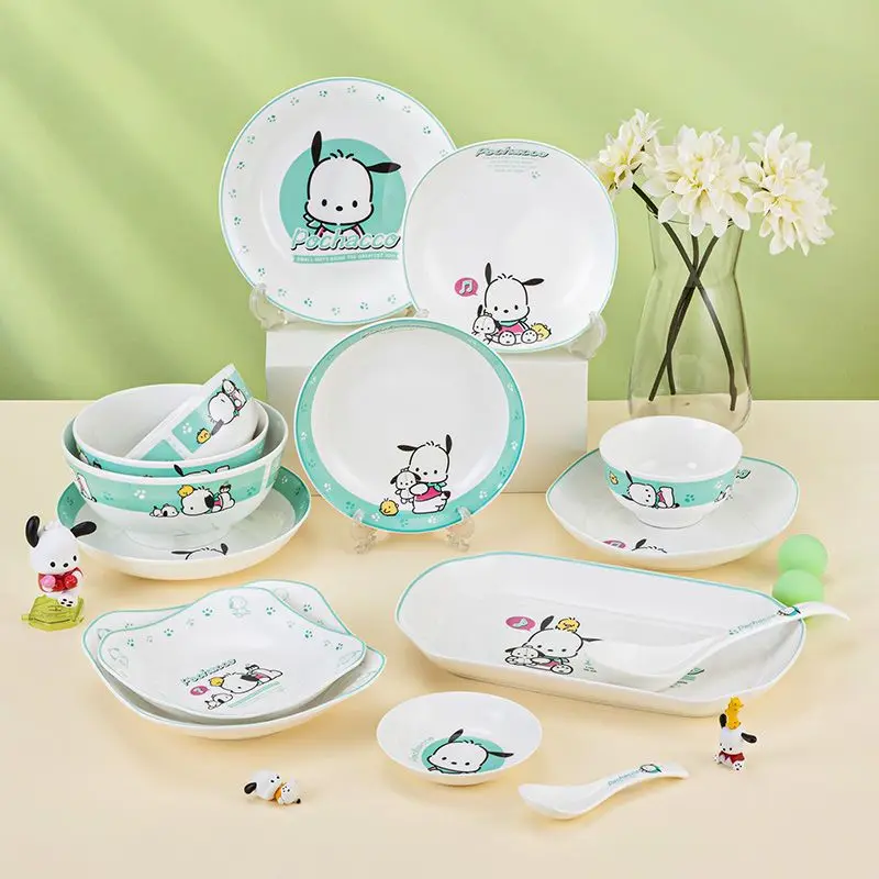 

Kawaii Sanriod Anime Pochacco Household Ceramic Plate Set Breakfast Mug Steak Plate Salad Bowl Mug Glass Instant Noodle Bowl