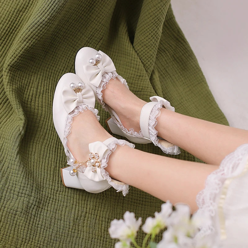 Spring women pumps  plus size 22-26.5cm Pearl chain mesh bow ankle buckle Lolita shoes Rhinestone flower cute mary jane shoes
