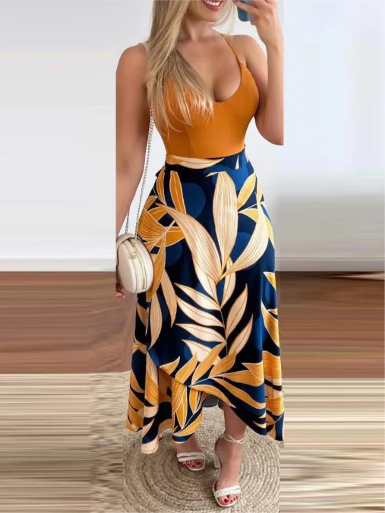 

Tropical Print Two Piece Sets Women Outifits 2023 Summer Fashion Sexy V-Neck Sleeveless Cami Top & Casual Lace Up Long Skirt Set