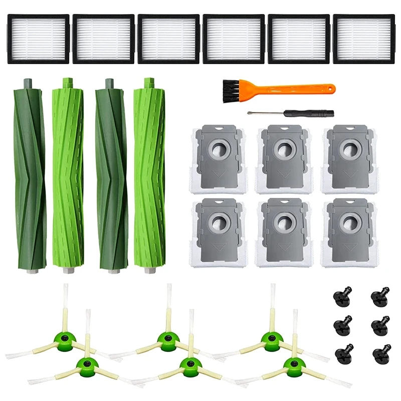

Include 2 Set Rubber Brushes, 6 HEPA Filters, 6 Side Brushes & 6 Vacuum Bags Replacement For Roomba E, I, J