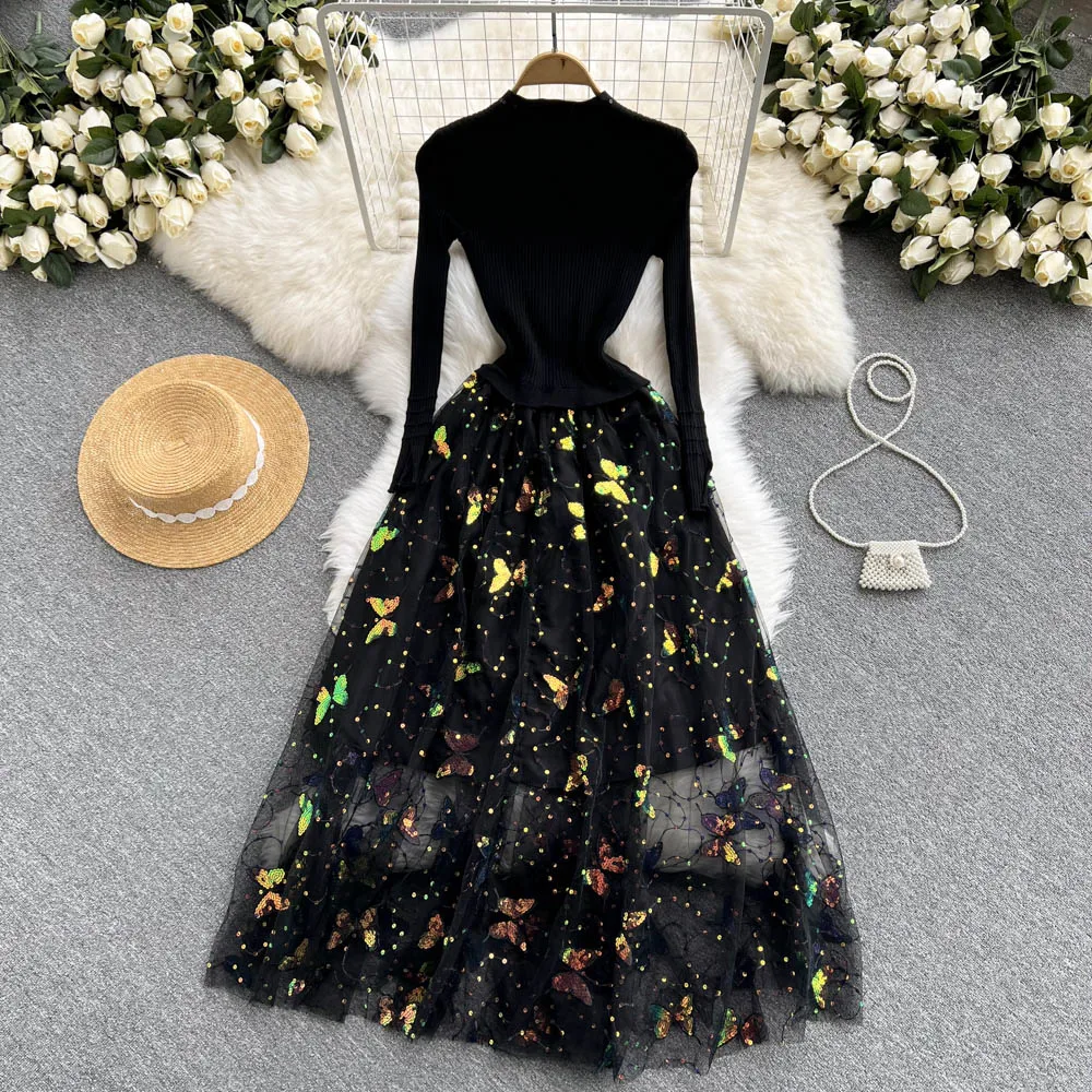 

ZCWXM осенне-зимние вечерние платья, женское Новогоднее трикотажное платье, Сетчатое лоскутное платье, сексуальное платье миди с бабочками и ...