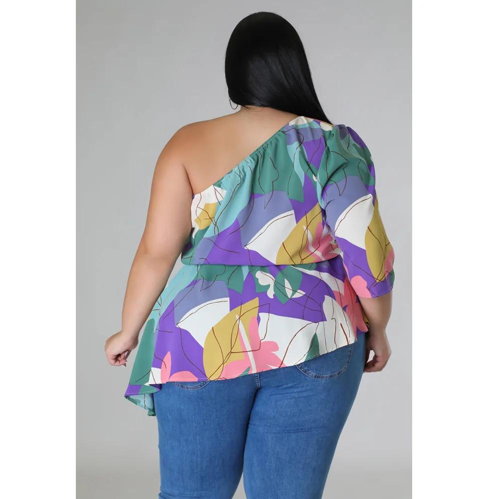 Plus Size Women Floral Tops One Shoulder Shirt For Lady Fashion Casual Outfit Female Belt Cloth 2023 Spring Large Size Tops